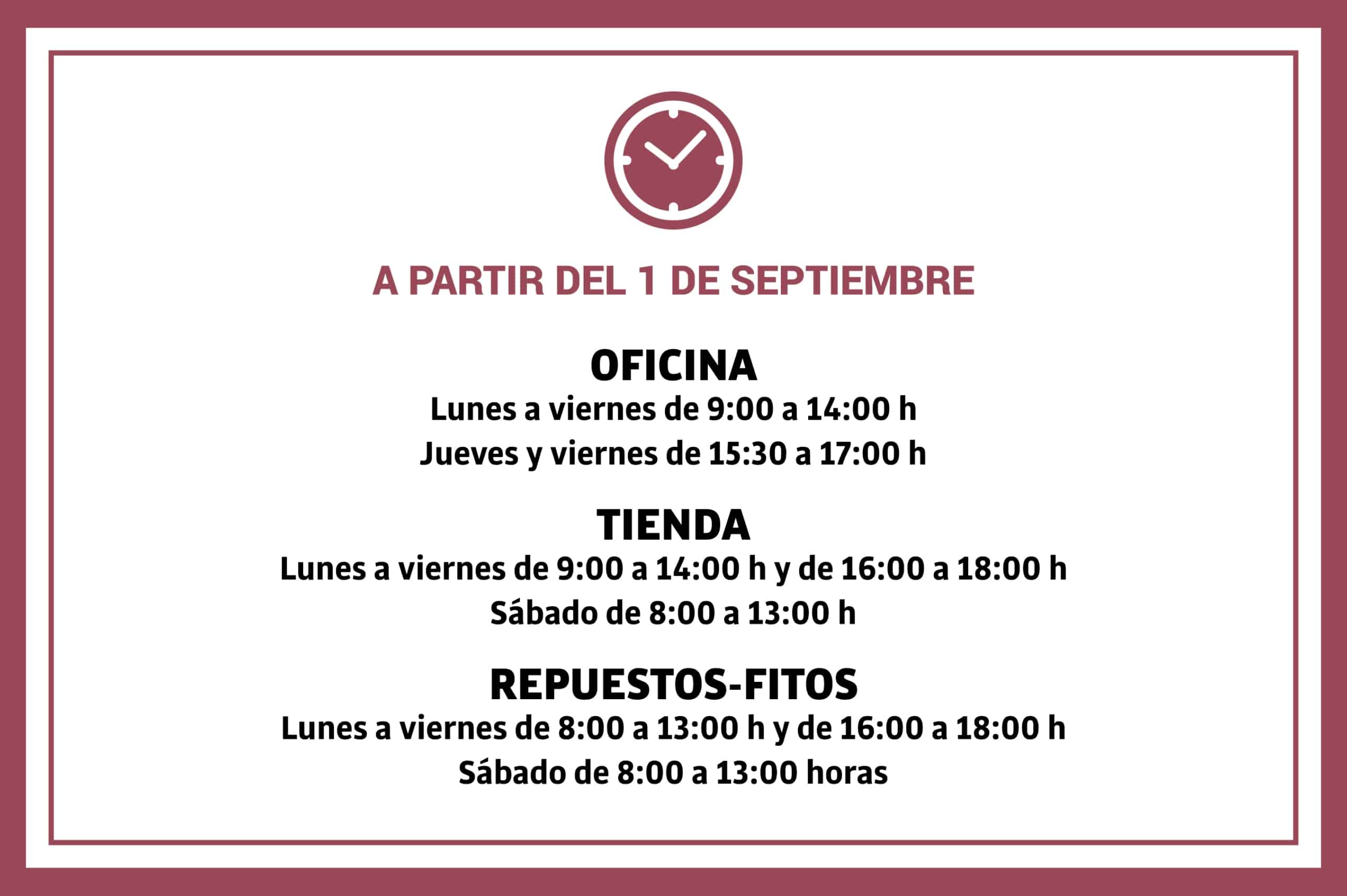 Horario de Invierno (a partir del 1 de septiembre)