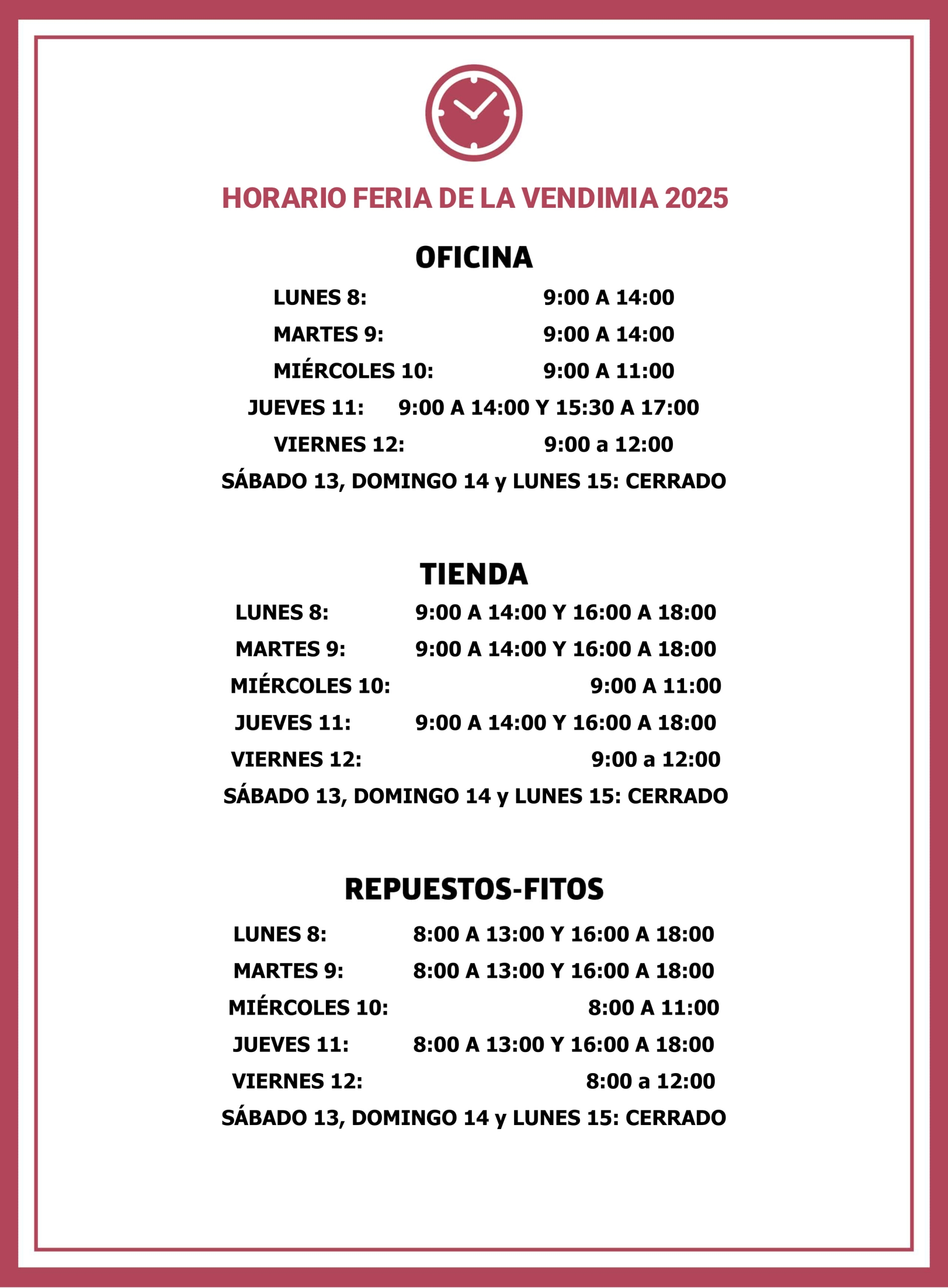 Horario semana Feria de la Vendimia del 8 al 15 de septiembre del 2025