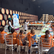 Taller educativo para escolares entre barricas de vino en la Bodega Carpe Diem