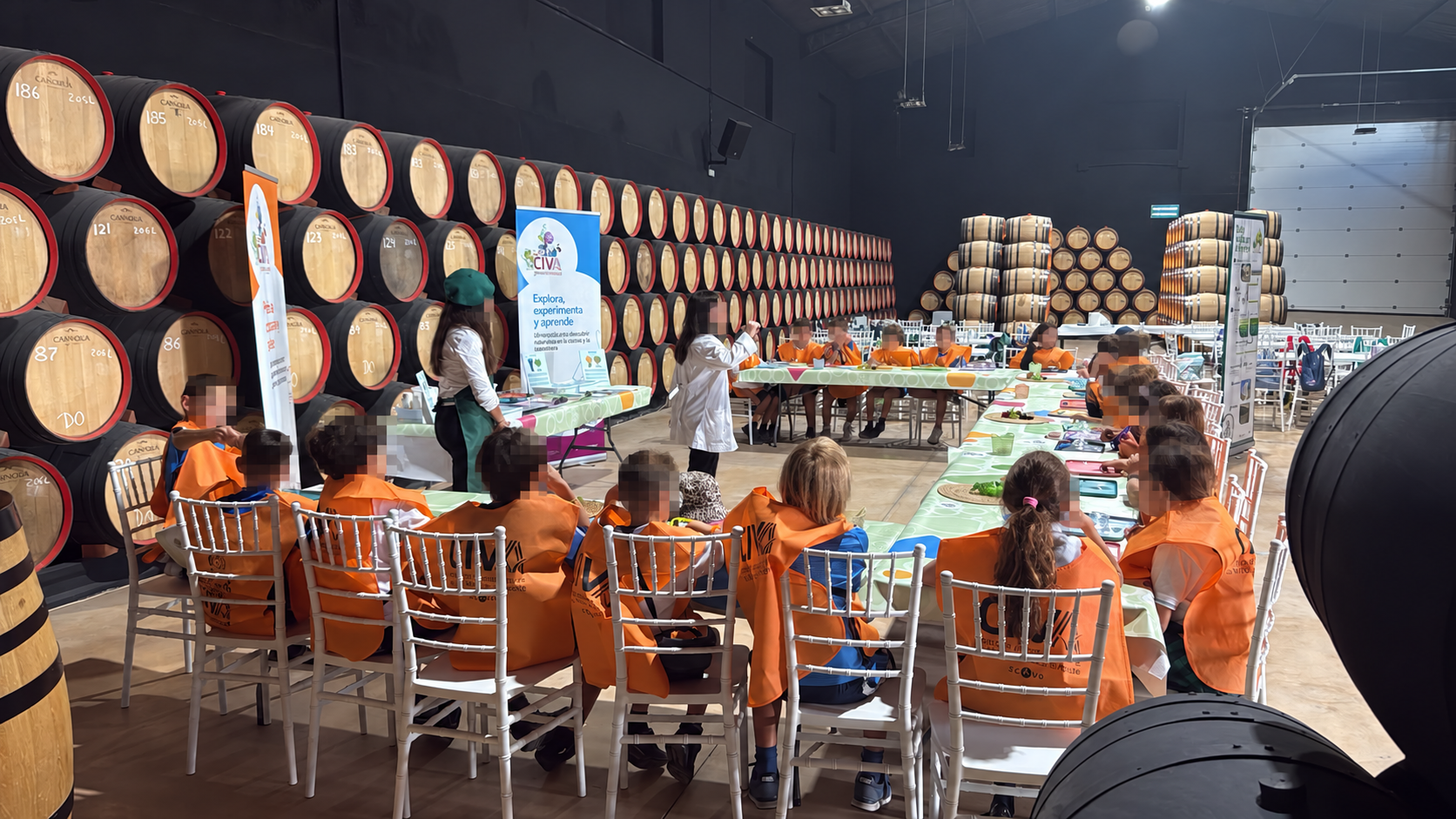 Taller educativo para escolares entre barricas de vino en la Bodega Carpe Diem