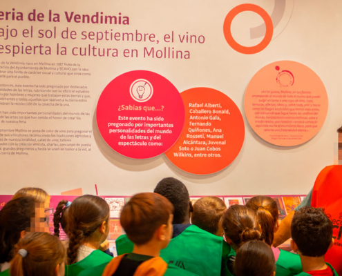 Visita-CIVA-porque-05 Un monitor explica a los escolares el panel de la Feria de la Vendimia de Mollina en el CIVA